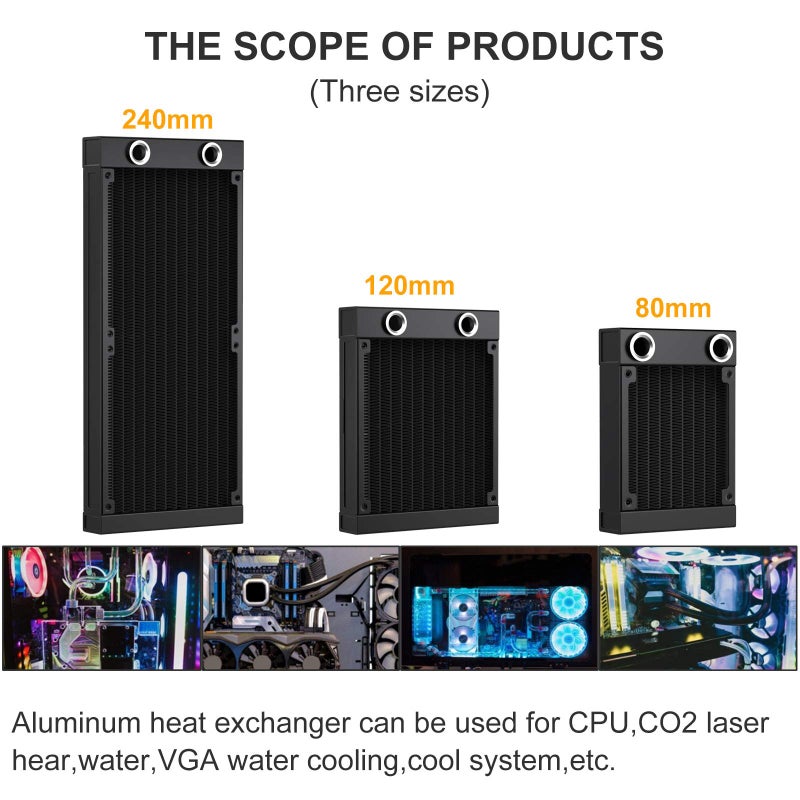 DIYhz Water Cooling Computer Radiator, 8 Pipe Aluminum Heat Exchanger Liquid Cooling Radiator G1/4 Thread Heat Row Sink 80mm for CPU PC Laser Water Cool System DC12V Black - Image 4